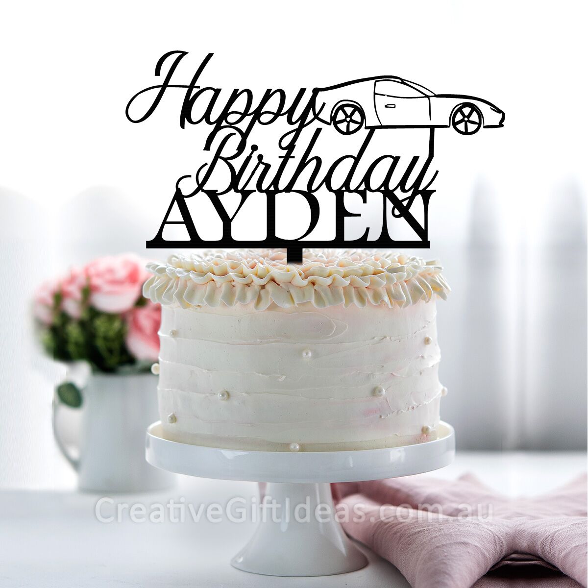 Personalised Happy Birthday Name with Farrari Cake Topper